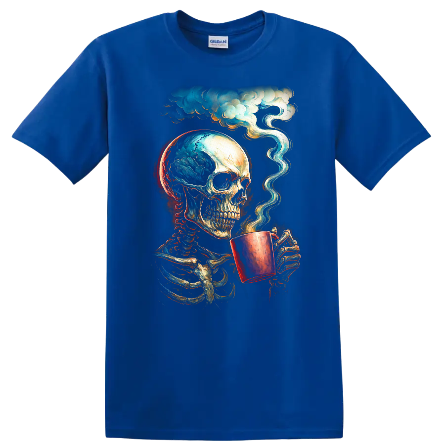 Vintage gothic skeleton skull holding a steaming cup beneath swirling clouds on a Royal (Blue) T Shirt