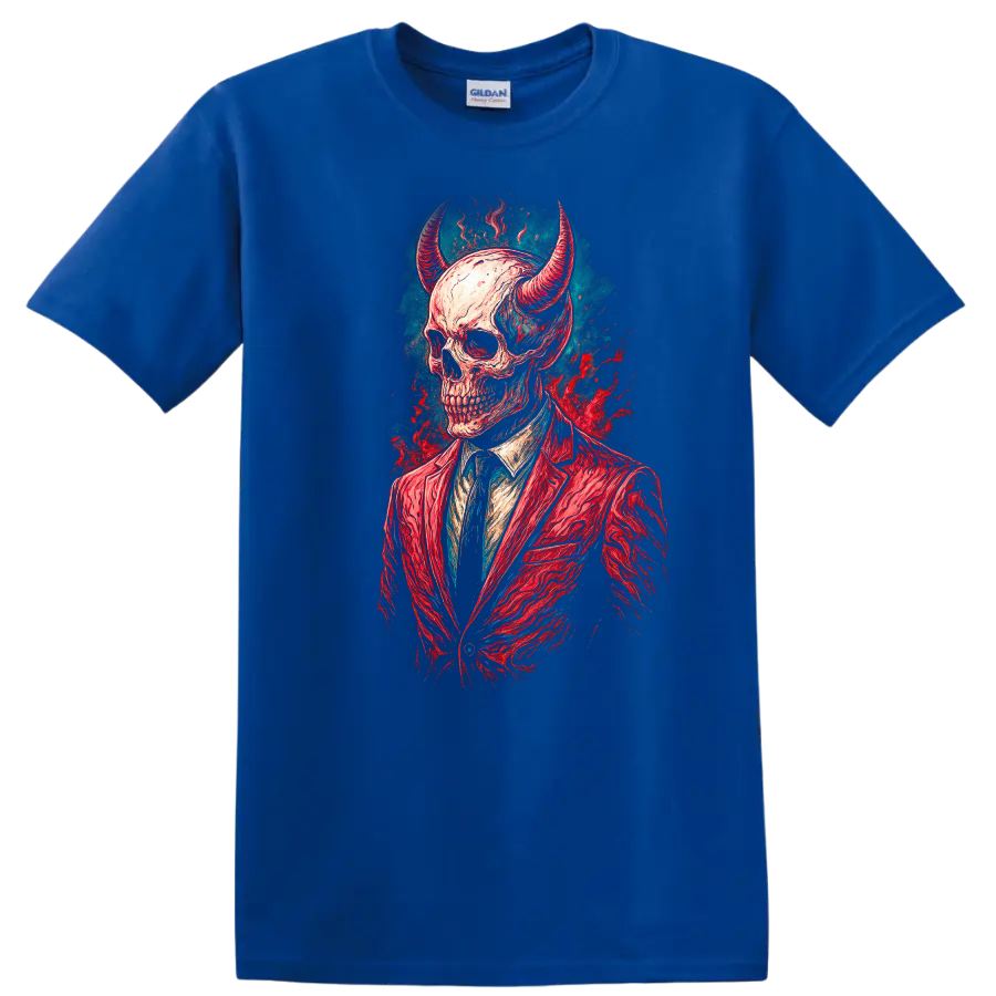 Horned skull in red suit, vintage gothic illustration with teal and red splashes on a Royal (Blue) T Shirt