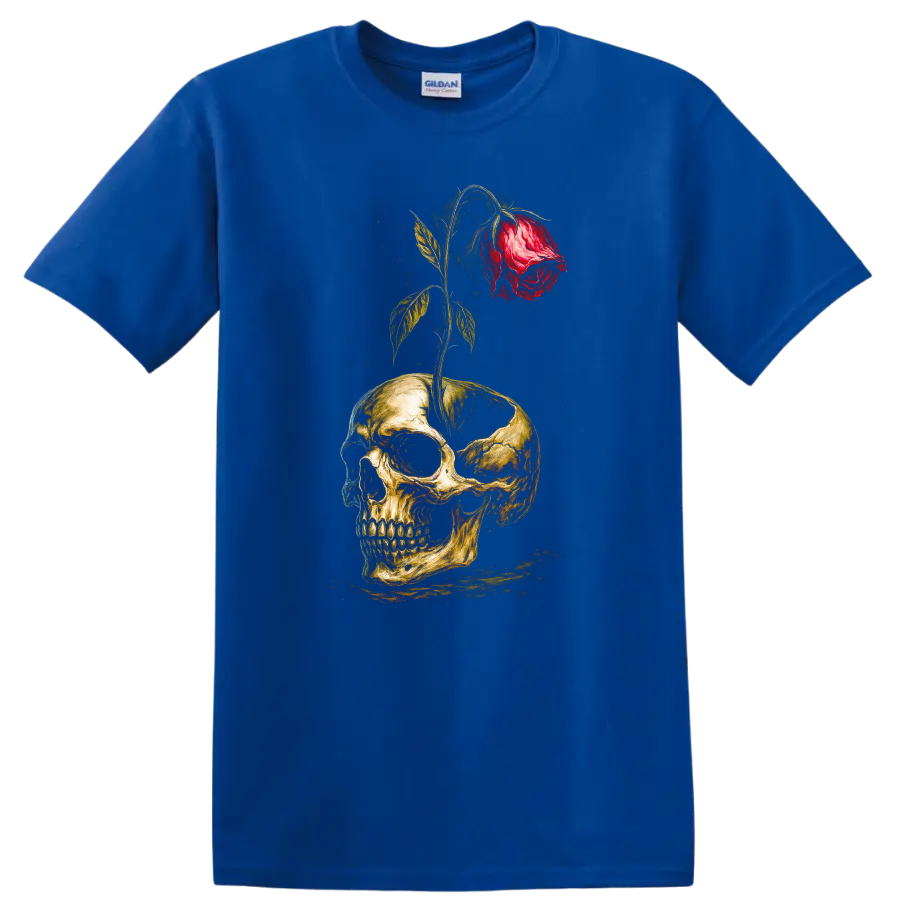 Vintage gothic skull graphic with a red rose growing through the top on a Royal (Blue) T Shirt
