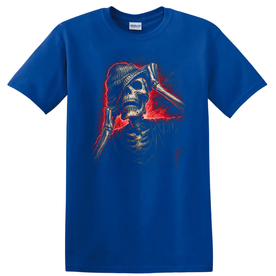 Vintage gothic skeleton skull in beanie with bony hands and red smoky glow on a Royal (Blue) T Shirt