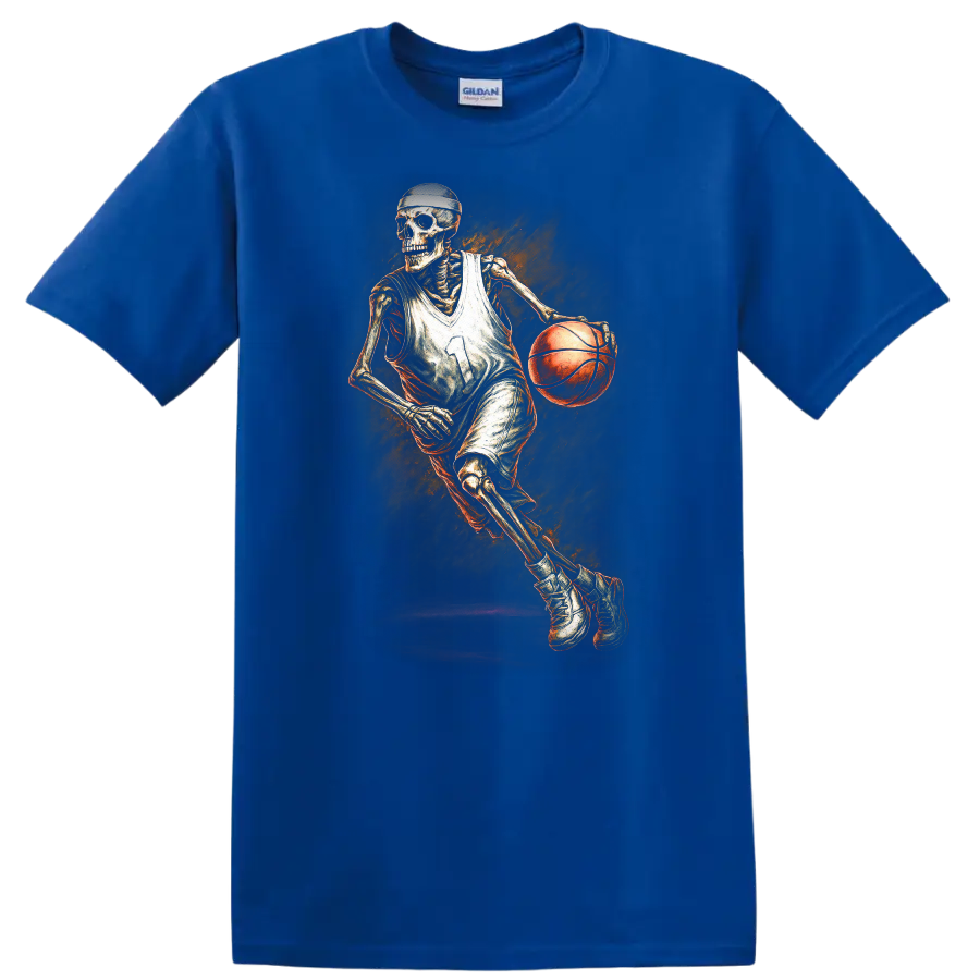 Vintage gothic skeleton basketball player dribbling with fiery orange artwork on a Royal (Blue) T Shirt