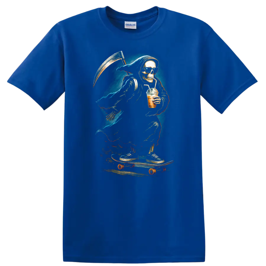 Vintage gothic Grim Reaper skeleton in sunglasses skating with a scythe and iced drink on a Royal (Blue) T Shirt