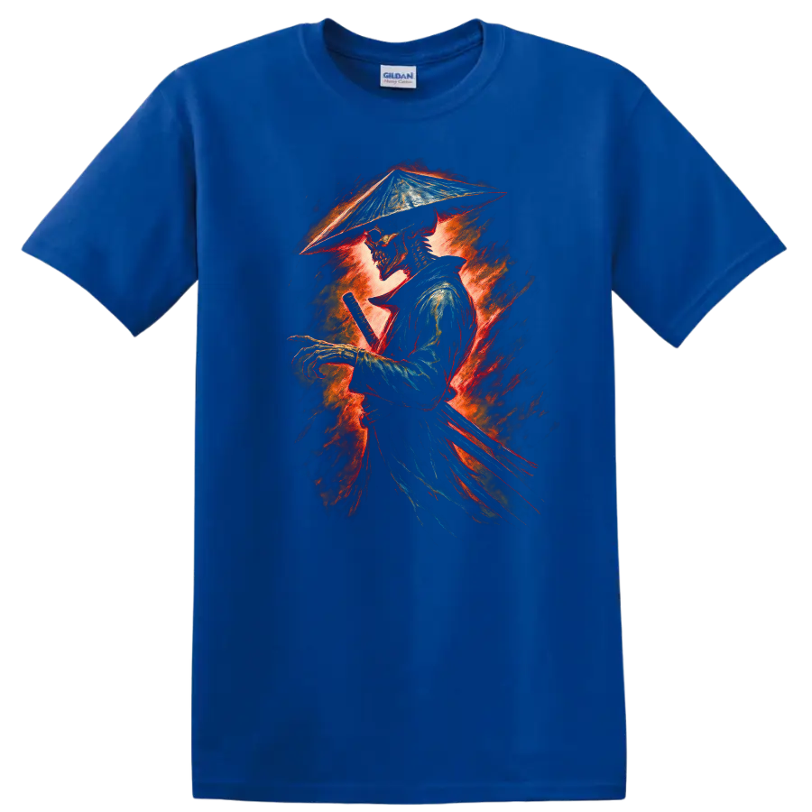 Fiery vintage-style skeleton samurai swordsman graphic in a conical hat on a Royal (Blue) T Shirt