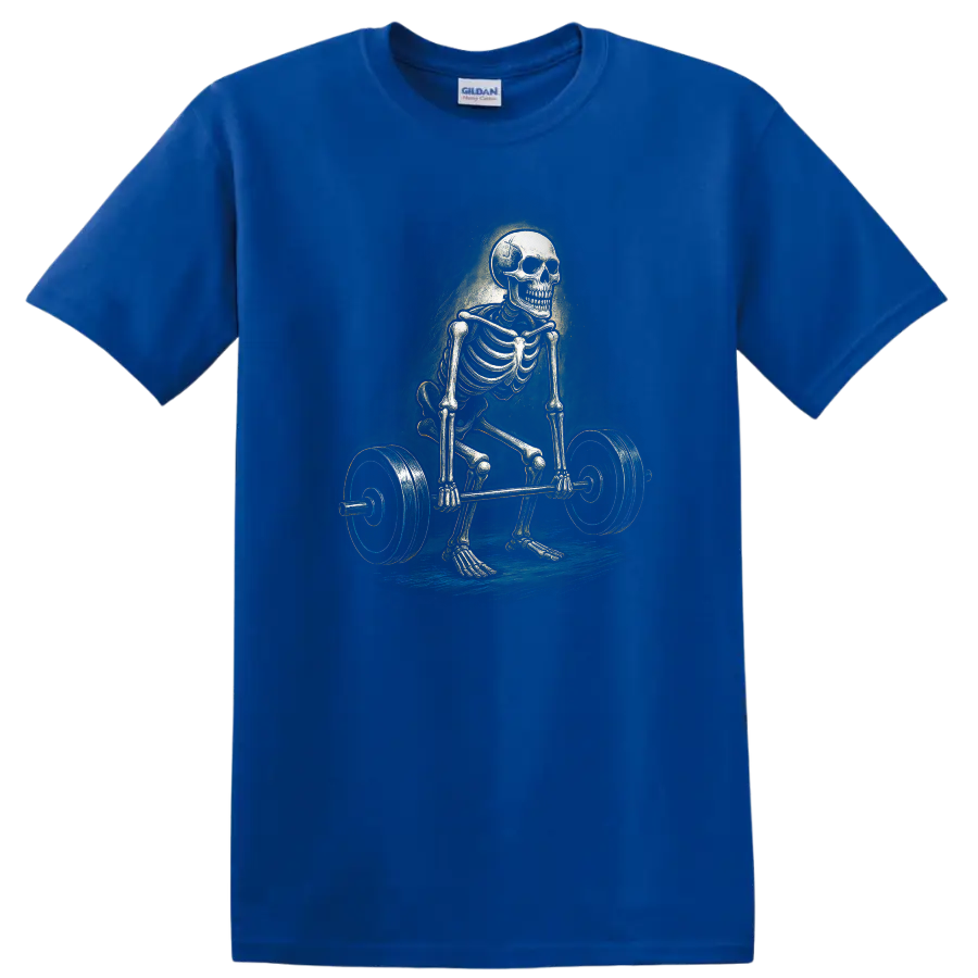 Vintage gothic skeleton performing a barbell deadlift graphic on a Royal (Blue) T Shirt