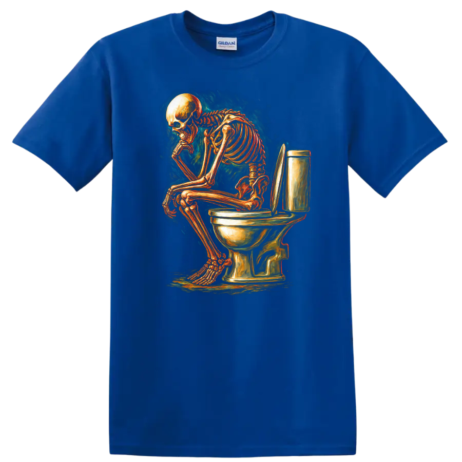 Vintage gothic skeleton sitting on a toilet in detailed dark humor artwork on a Royal (Blue) T Shirt