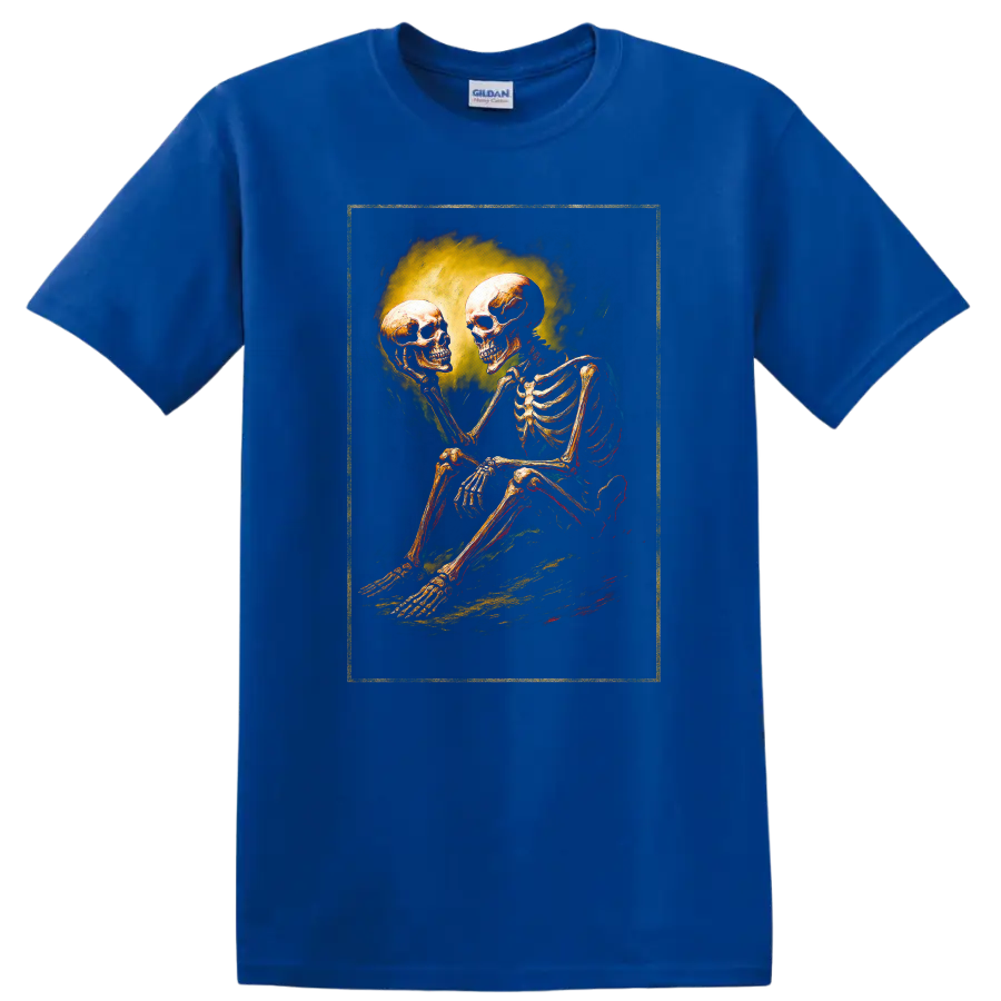 Vintage gothic skeleton holding a skull in a moody dark art illustration on a Royal (Blue) T Shirt