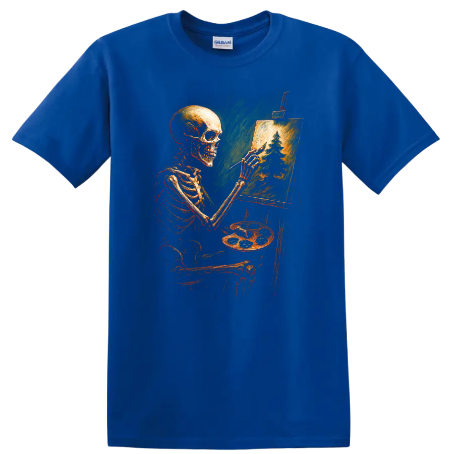 Vintage gothic skeleton artist painting an evergreen forest on an easel on a Royal (Blue) T Shirt