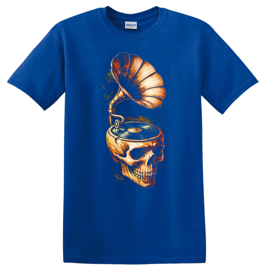 Vintage skull gramophone and turntable graphic with vinyl record on a Royal (Blue) T Shirt