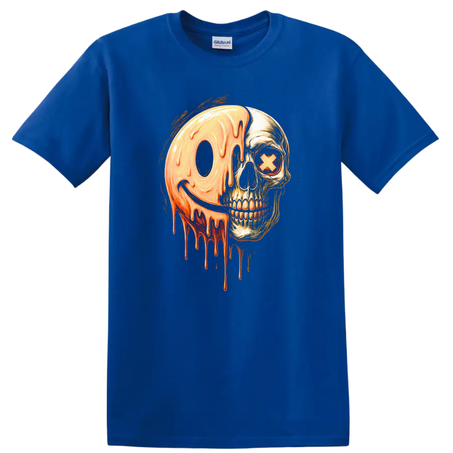 Vintage gothic skull with a melting orange smiley face and X eye graphic on a Royal (Blue) T Shirt