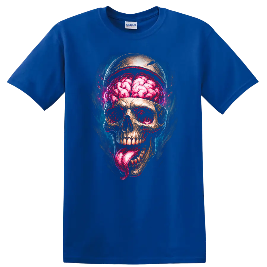 Exposed brain skull with pink tongue in vivid gothic horror illustration on a Royal (Blue) T Shirt