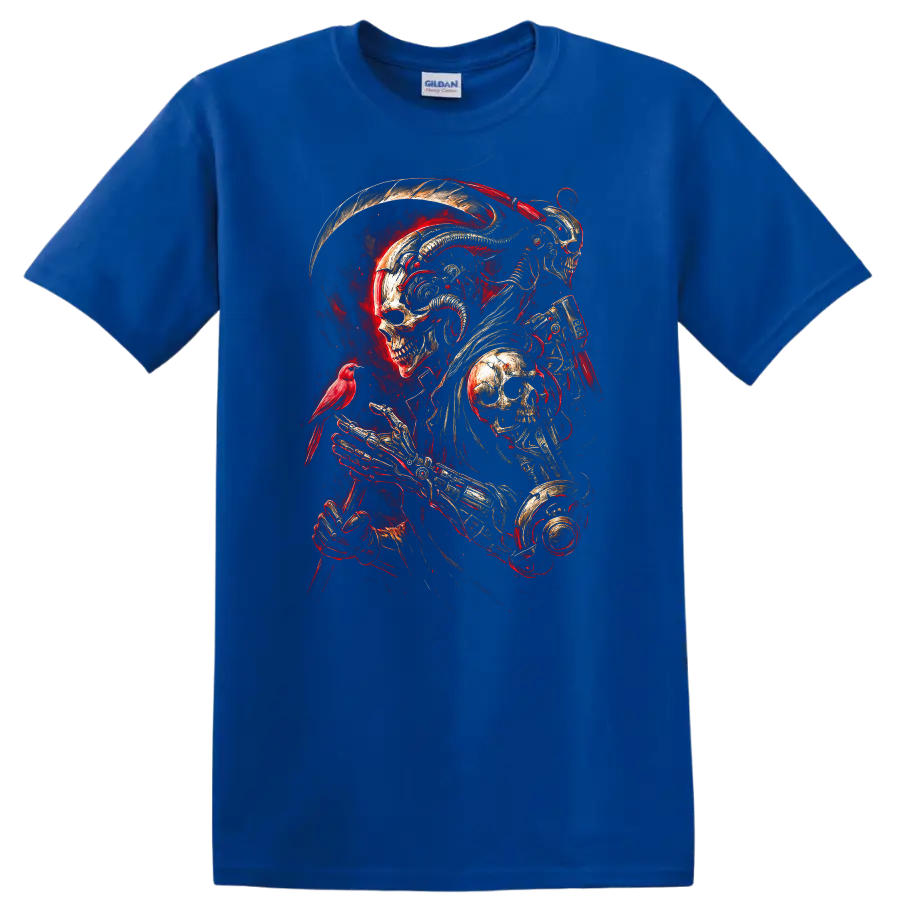Mechanical skeleton reaper with skull armor, red bird, and fiery gothic art on a Royal (Blue) T Shirt