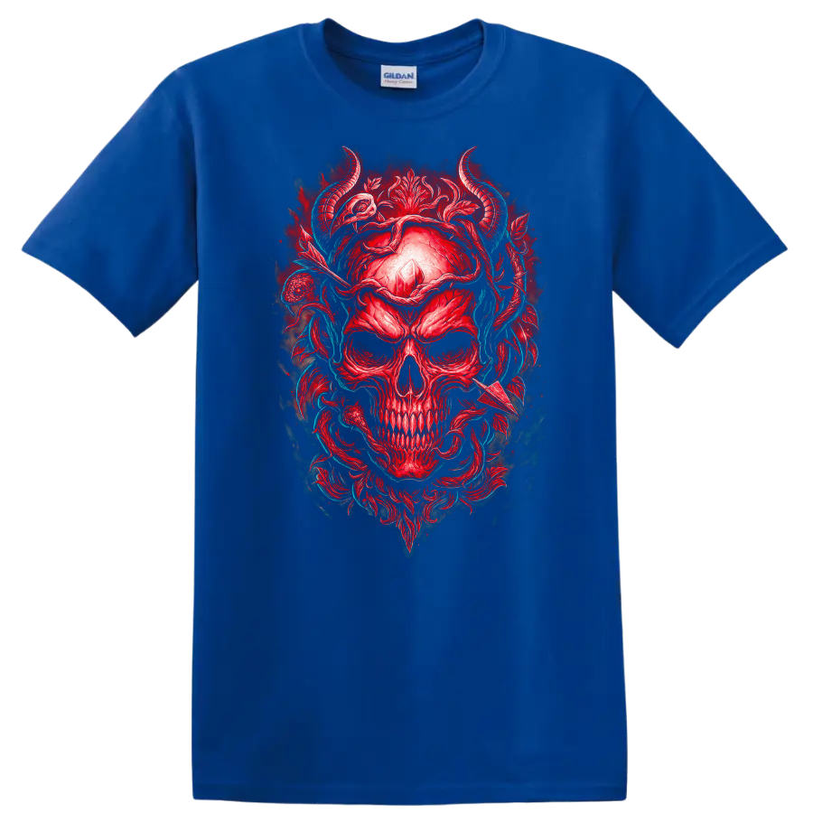 Red horned skull with crystal, gothic floral ornament, and teal vines on a Royal (Blue) T Shirt