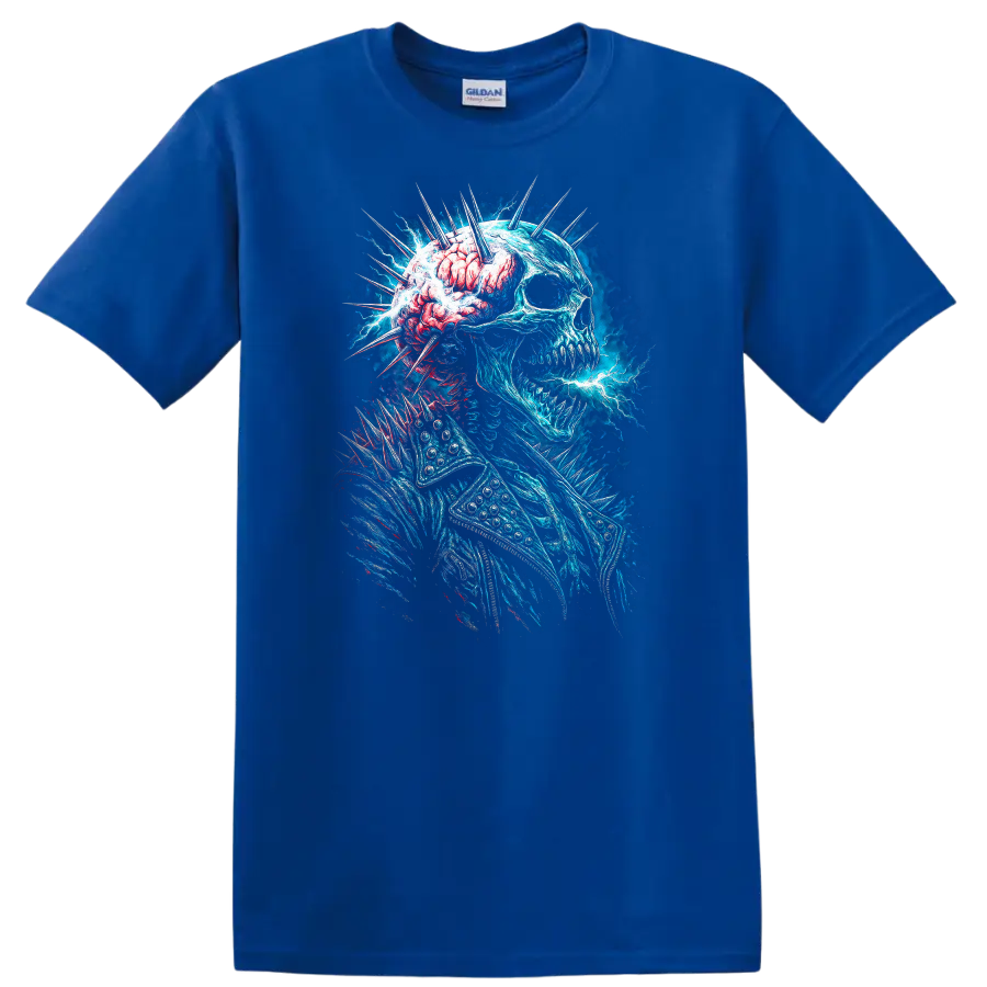 Electric blue skull with exposed brain, spikes, and gothic horror energy art on a Royal (Blue) T Shirt