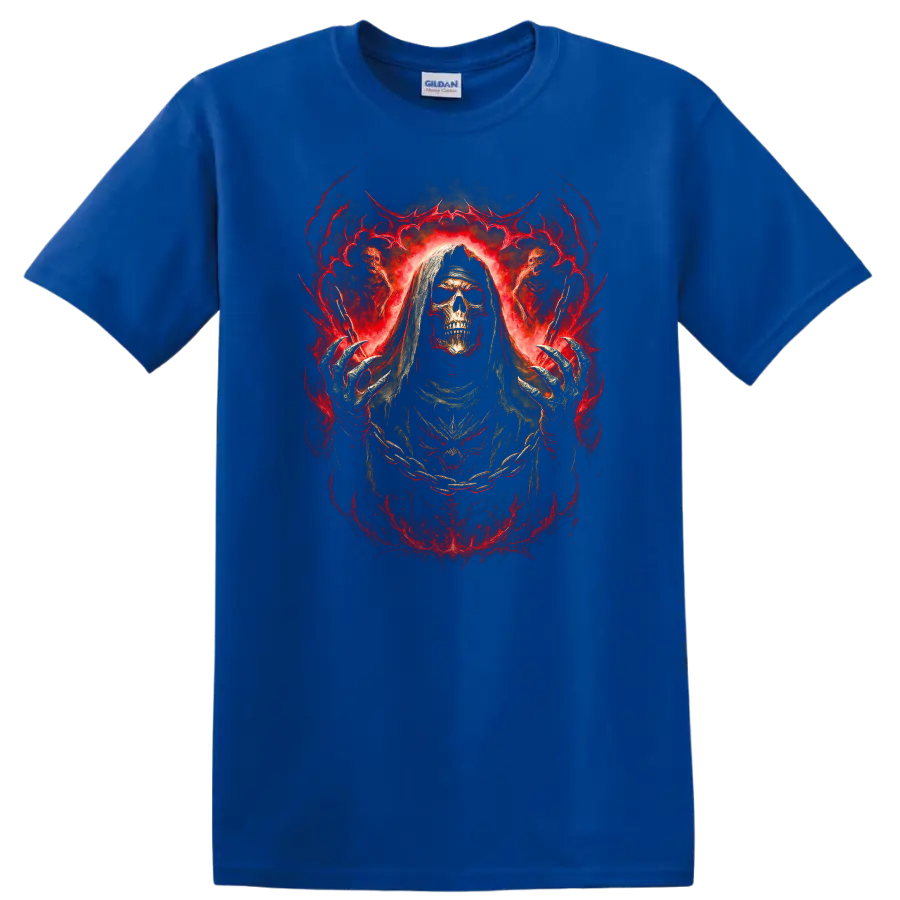 Hooded skull Grim Reaper in fiery red gothic horror artwork on a Royal (Blue) T Shirt
