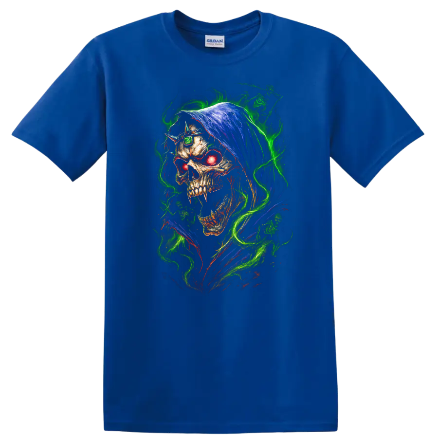 Hooded skull with glowing red eye and neon green flames in gothic horror art on a Royal (Blue) T Shirt