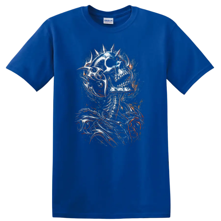 Spiked skeleton skull in distressed gothic horror art with smoky fiery accents on a Royal (Blue) T Shirt