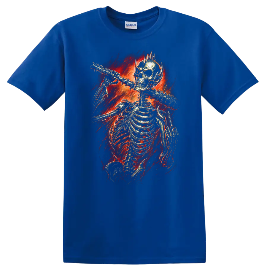 Vintage gothic skeleton playing flute amid fiery red flames on a Royal (Blue) T Shirt