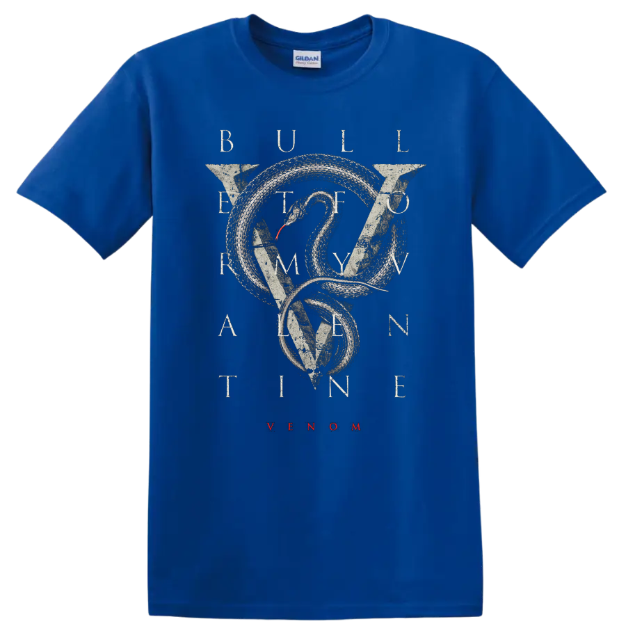 Bullet For My Valentine snake graphic with VENOM text on black T - Royal (Blue)