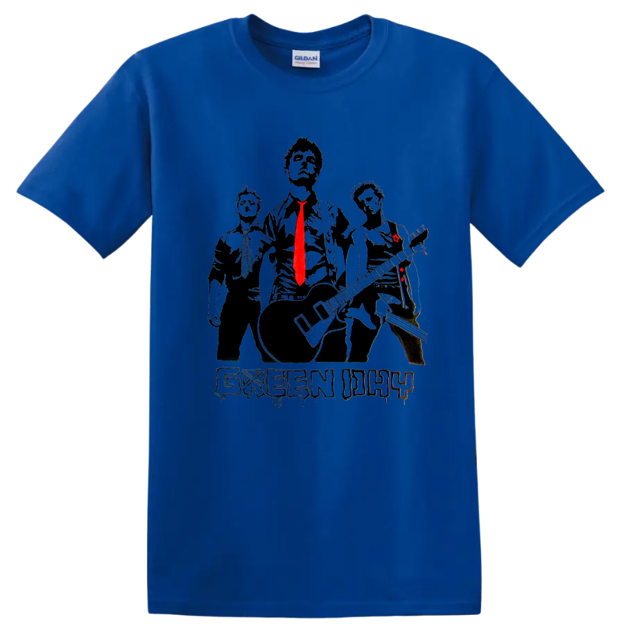 Green Day rock band graphic print T shirt with three stylized figures and red - Royal (Blue)