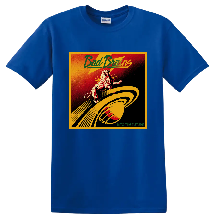 Bad Brains distressed punk rock lion and planetary rings Into the Future design on a Royal (Blue) T Shirt