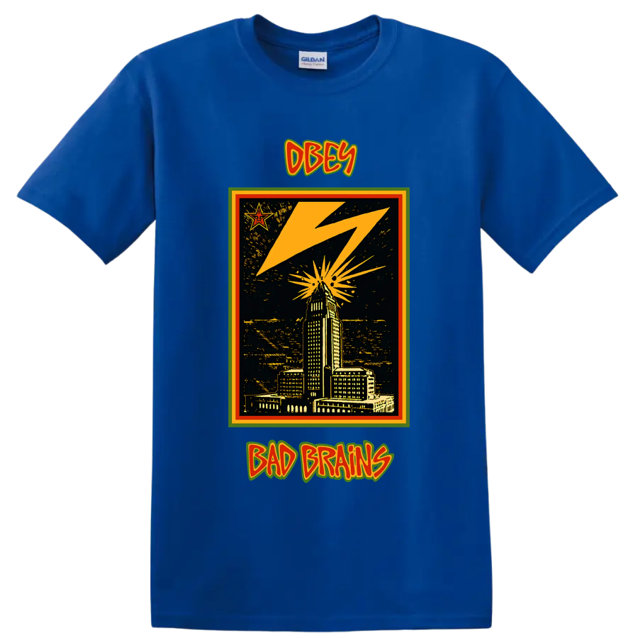 Bad Brains OBEY lightning city skyline punk rock graphic on a Royal (Blue) T Shirt