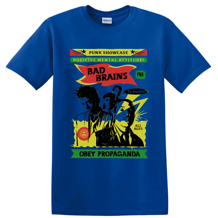 Bad Brains punk rock graphic with Positive Mental Attitude lettering on a Royal (Blue) T Shirt