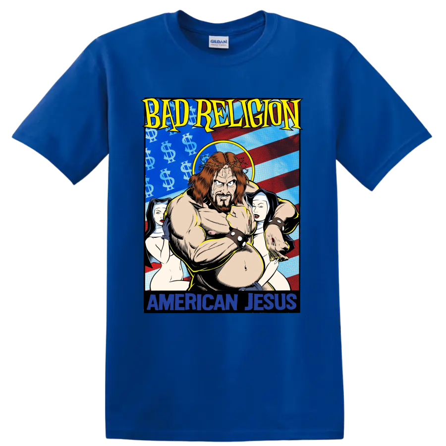 Bad Religion American Jesus comic-style punk rock graphic print on a Royal (Blue) T Shirt