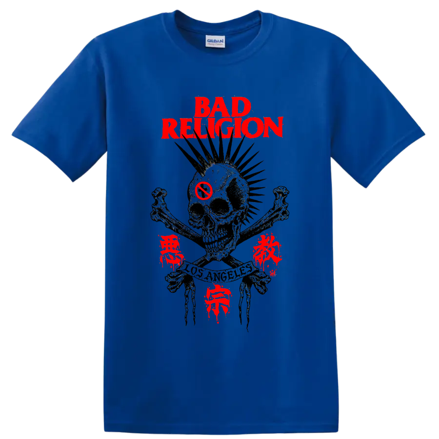 Bad Religion distressed punk rock skull graphic with red lettering on a Royal (Blue) T Shirt