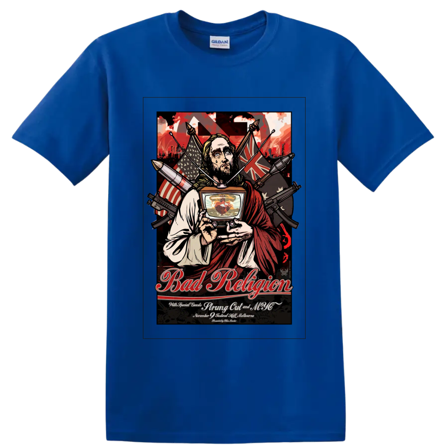 Bad Religion punk rock concert poster graphic with robed figure and television on a Royal (Blue) T Shirt