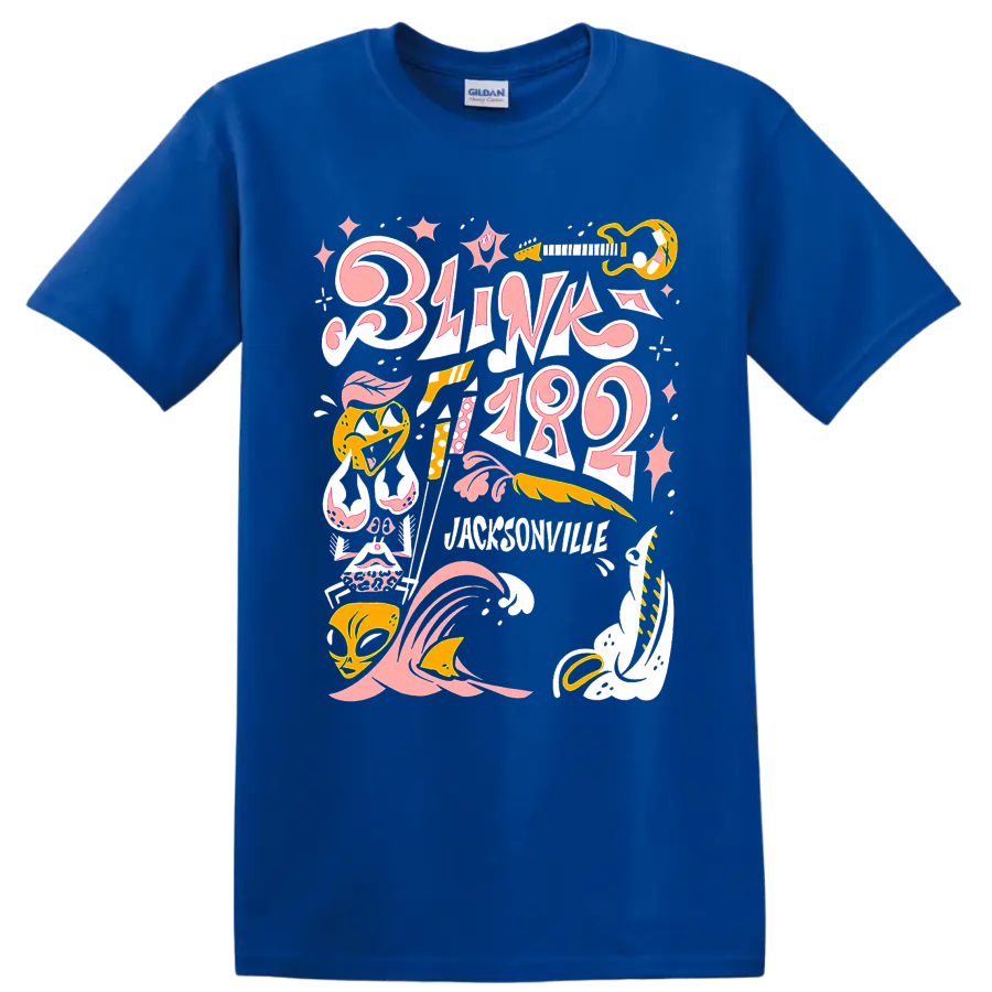 Blink-182 punk rock graphic print with pink lettering and yellow music accents on a Royal (Blue) T Shirt