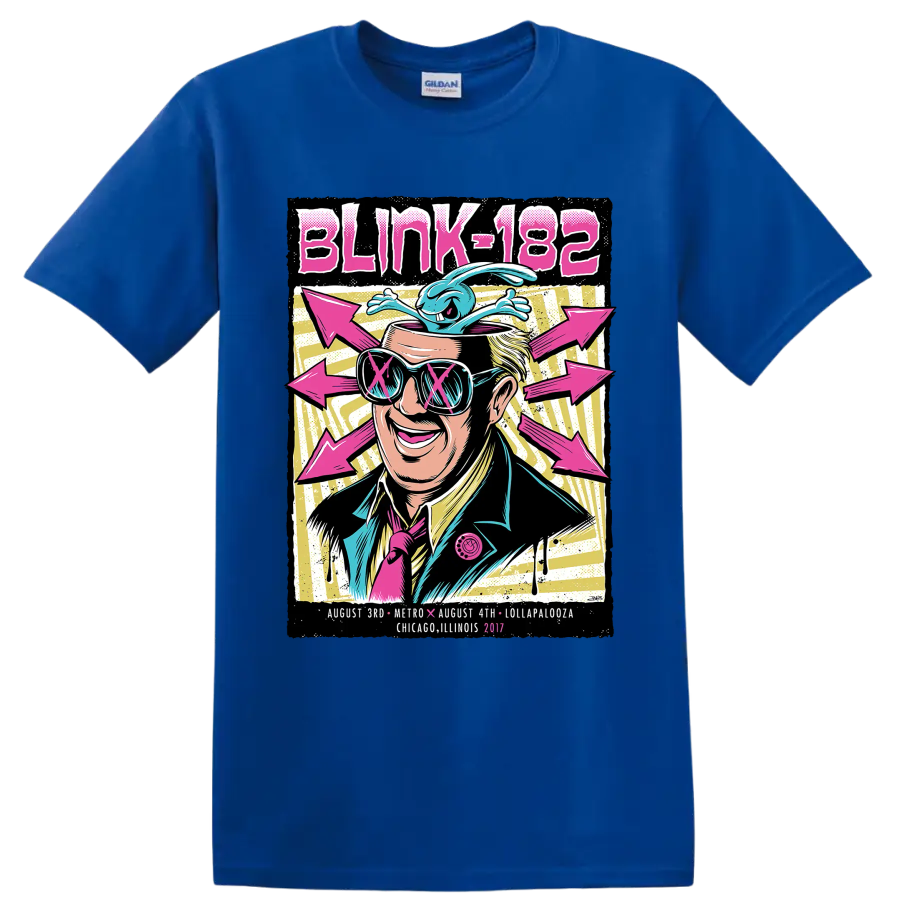 Blink-182 punk rock festival graphic with sunglasses, blue creature, and pink arrows on a Royal (Blue) T Shirt