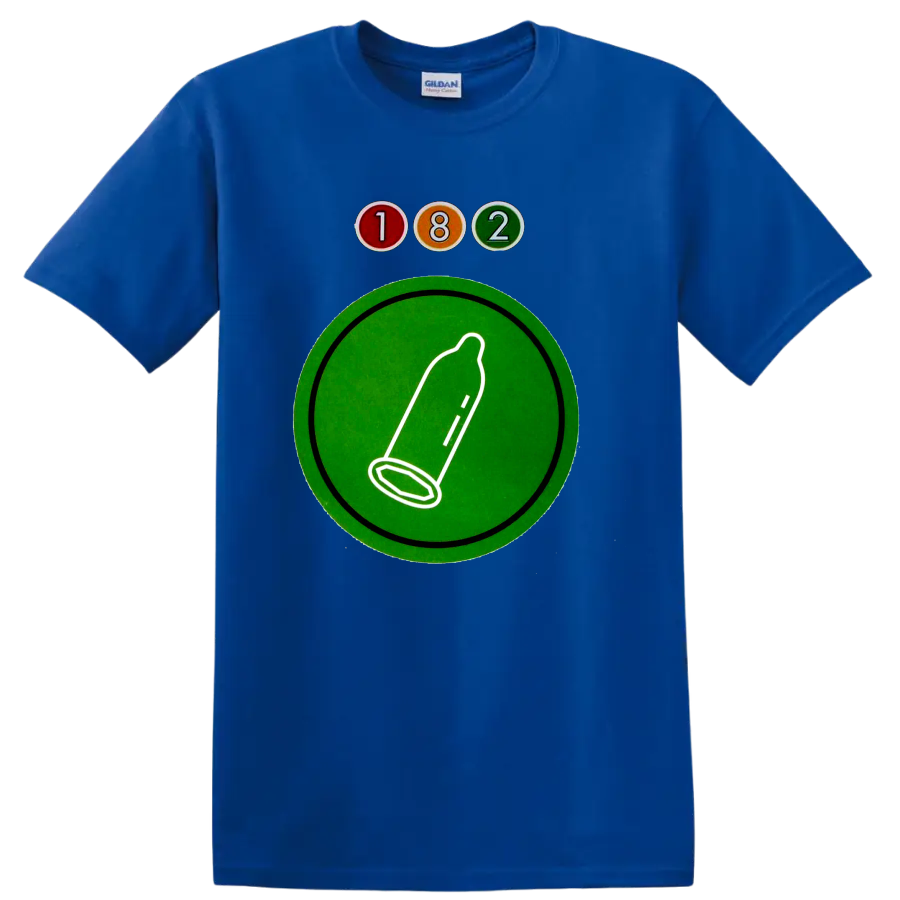 Blink-182 182 logo with colorful circles and green graphic emblem on a Royal (Blue) T Shirt