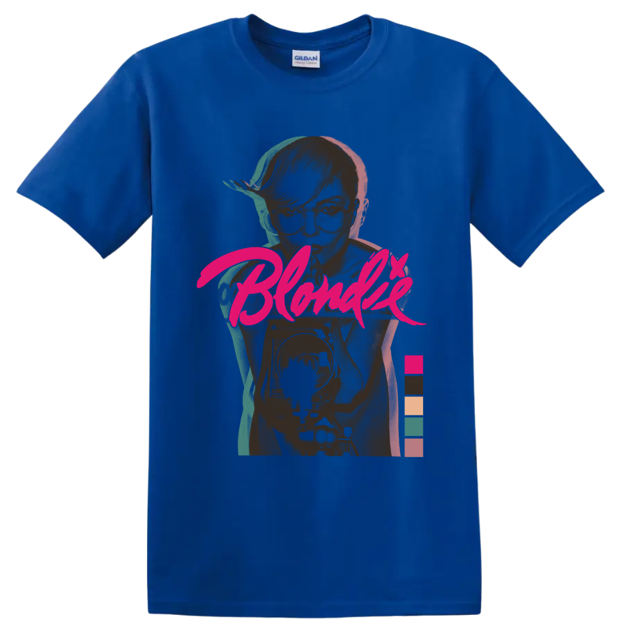 Blondie punk rock band portrait with bold pink script and colorful accents on a Royal (Blue) T Shirt