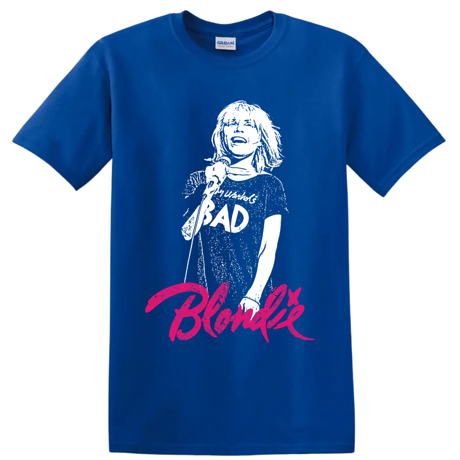 Debbie Harry portrait with hot pink Blondie punk rock lettering on a Royal (Blue) T Shirt