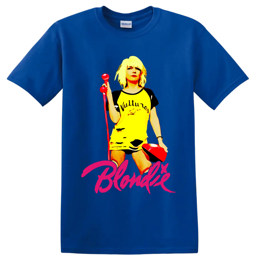 Blondie punk rock vocalist graphic with red microphone and pink script lettering on a Royal (Blue) T Shirt