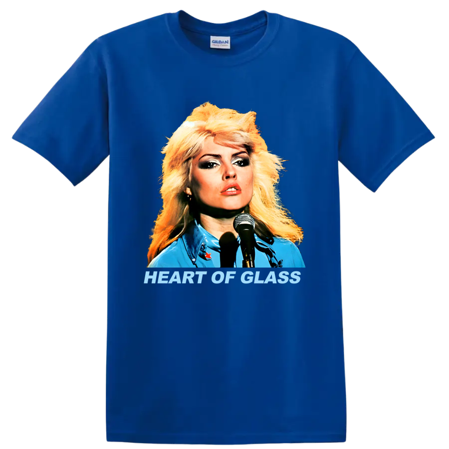 Blondie singer portrait with Heart of Glass text, retro punk rock graphic on a Royal (Blue) T Shirt