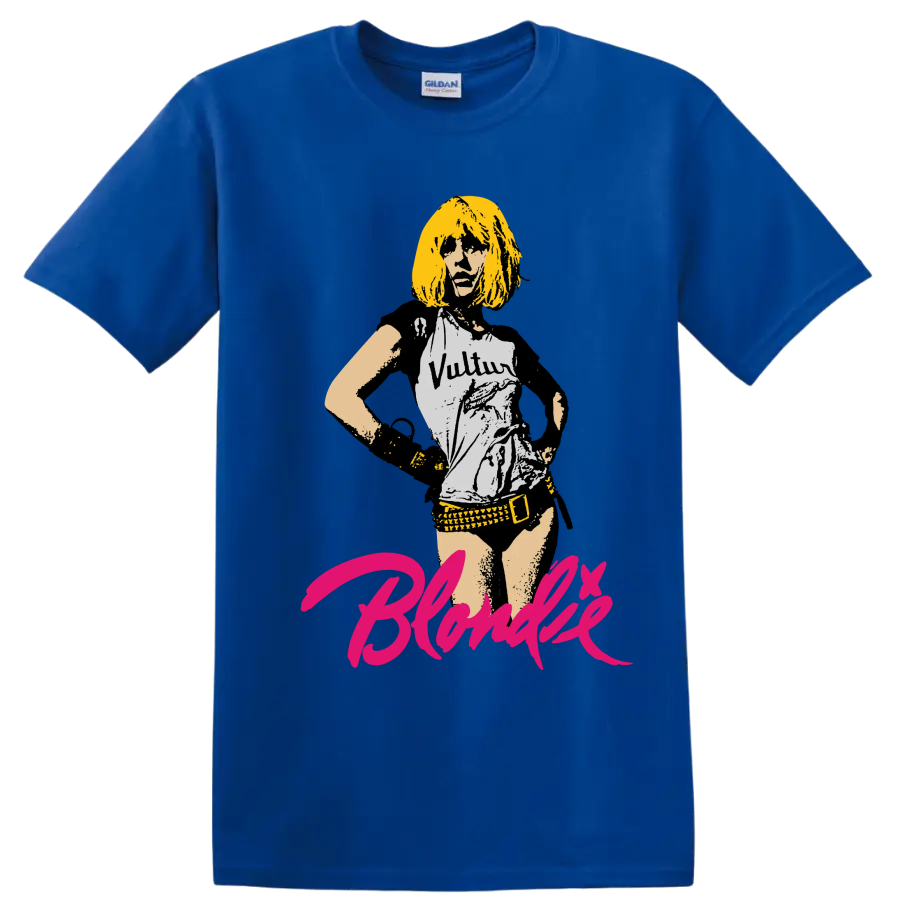 Blondie punk rock portrait graphic with hot pink script lettering on a Royal (Blue) T Shirt