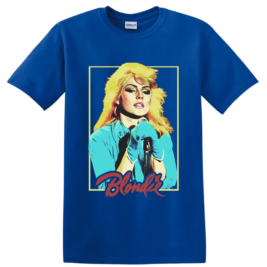 Debbie Harry of Blondie punk rock singer portrait with microphone on a Royal (Blue) T Shirt