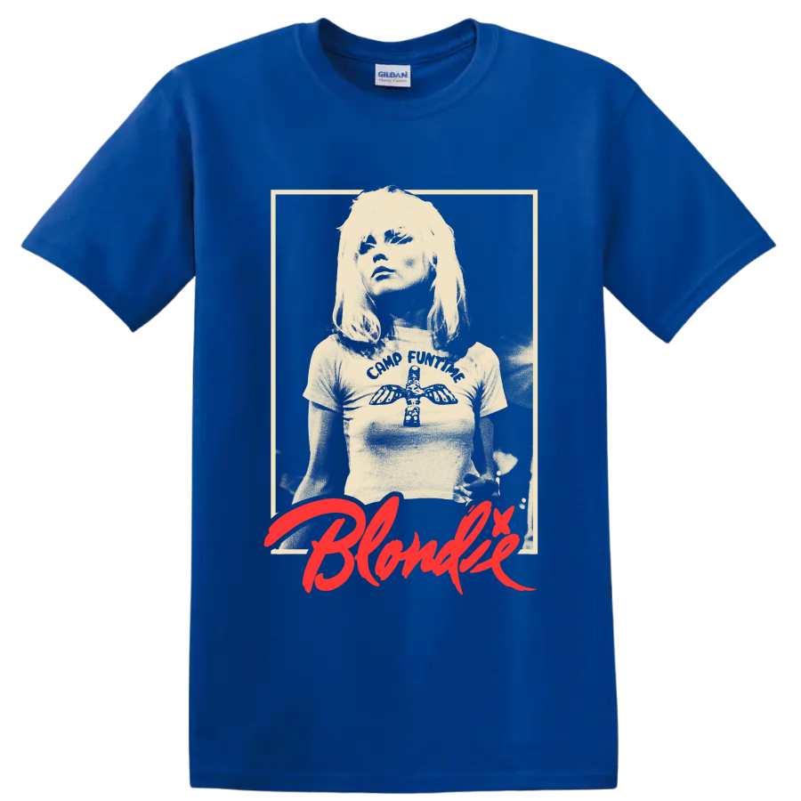 Blondie vintage punk rock portrait with red script graphic print on a Royal (Blue) T Shirt