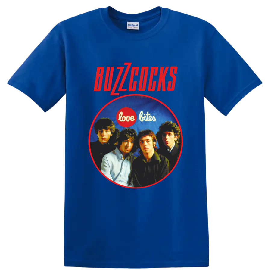 Buzzcocks punk rock band portrait with Love Bites graphic on a Royal (Blue) T Shirt