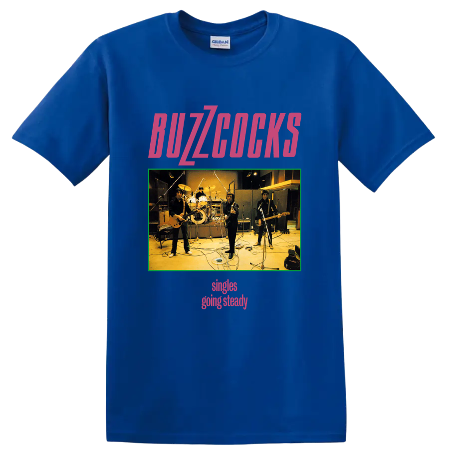 Buzzcocks punk rock band studio photo graphic with pink lettering on a Royal (Blue) T Shirt