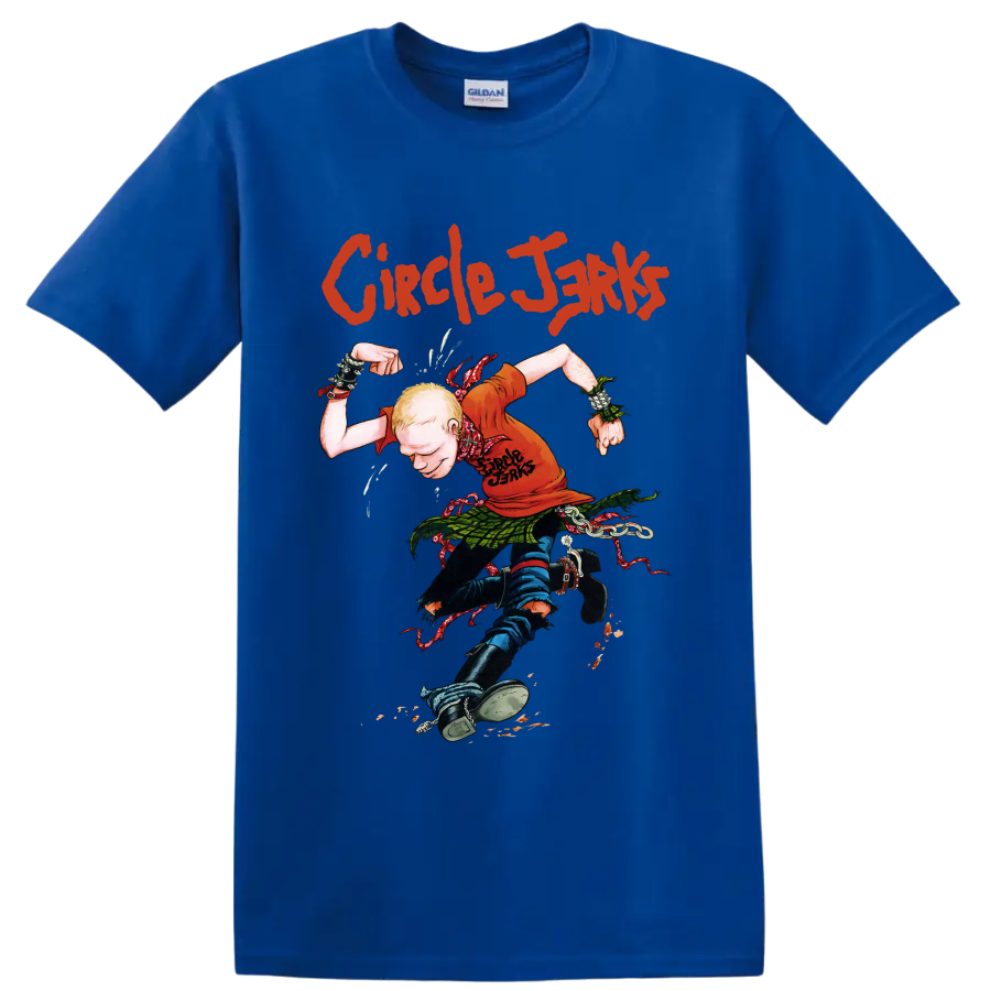 Circle Jerks punk rock graphic with illustrated figure and distressed lettering on a Royal (Blue) T Shirt