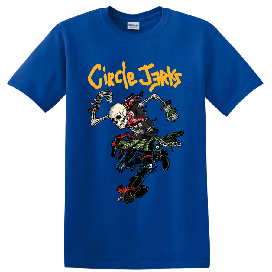 Circle Jerks punk rock skeleton graphic with bold yellow lettering on a Royal (Blue) T Shirt