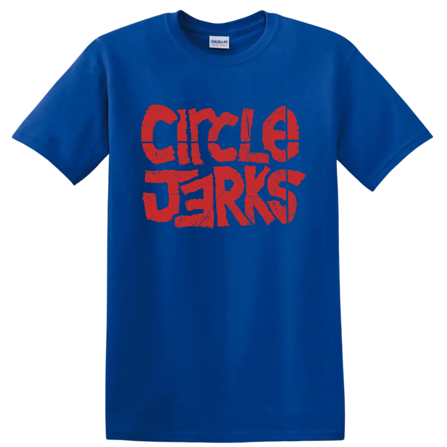 Distressed red Circle Jerks punk rock band lettering graphic on a Royal (Blue) T Shirt