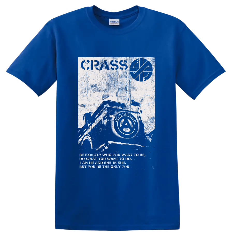 Crass punk rock anarchist collage graphic print on a Royal (Blue) T Shirt