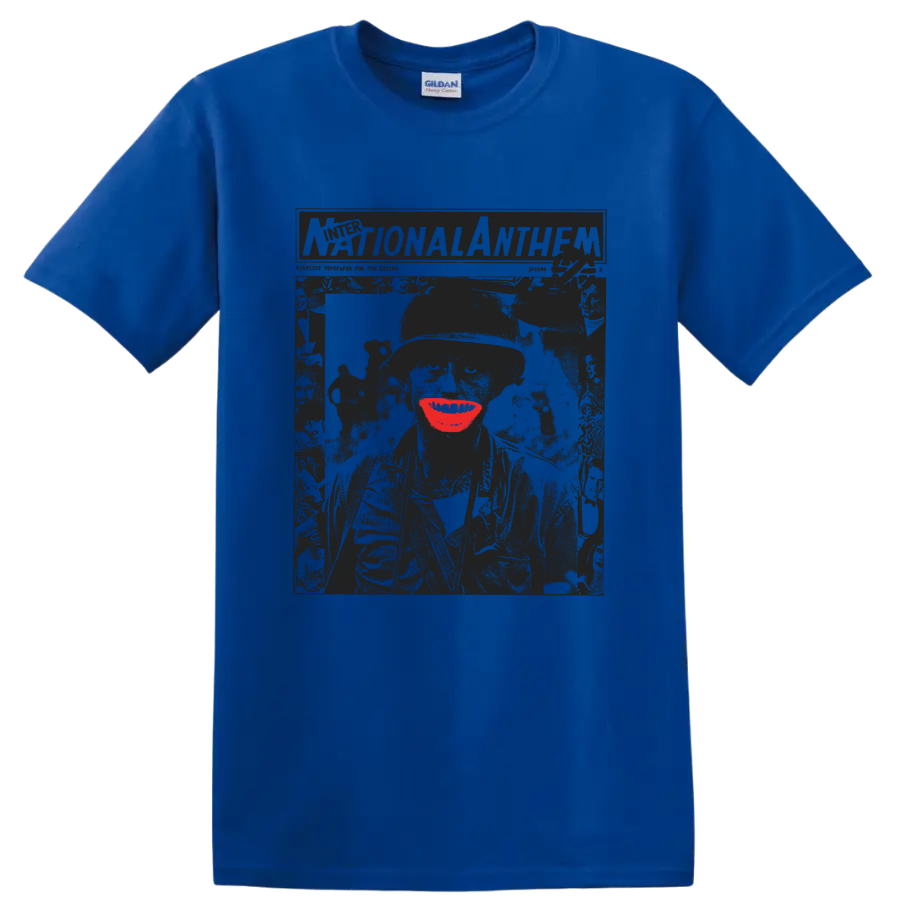 Crass punk rock distressed poster graphic with vivid red accent on a Royal (Blue) T Shirt