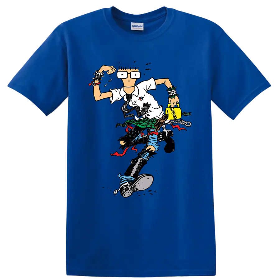 Descendents punk rock character illustration with oversized glasses and plaid details on a Royal (Blue) T Shirt