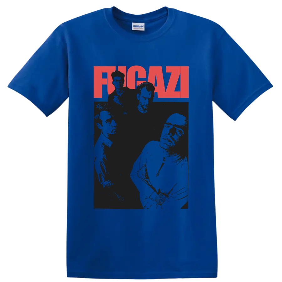 Fugazi punk rock graphic with red FUGAZI lettering and dark band portraits on a Royal (Blue) T Shirt