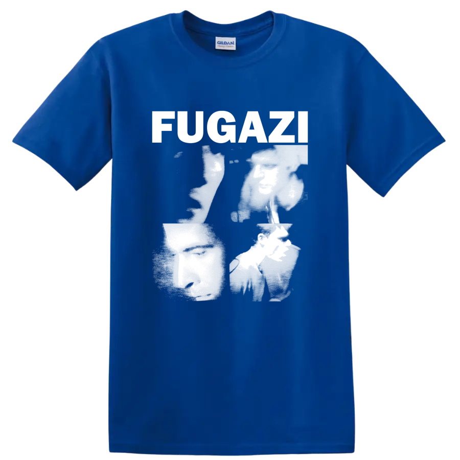 Fugazi distressed punk rock lettering graphic print on a Royal (Blue) T Shirt