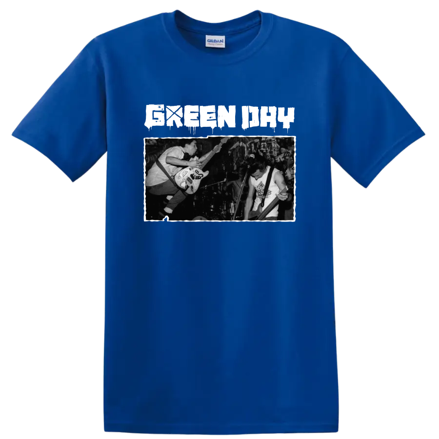 Green Day punk rock live performance graphic with guitarists on stage on a Royal (Blue) T Shirt